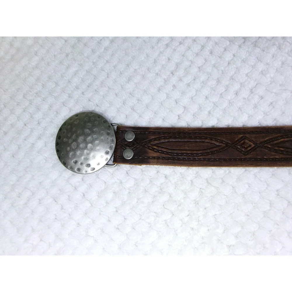 Roots Womens 32 Leather Belt Brown Embossed Hammered Silver‎ Disc Buckle Canada
